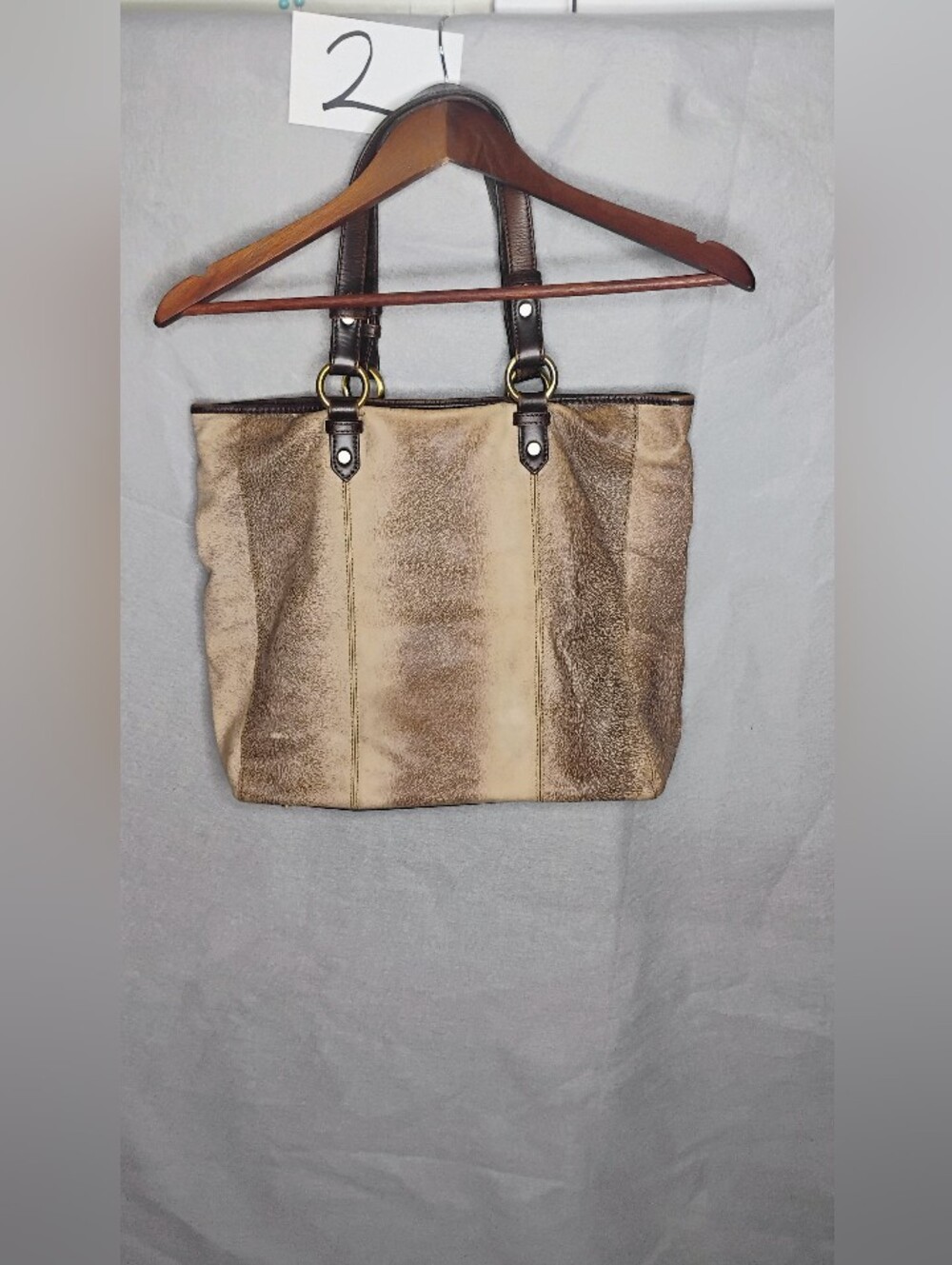 Sondra Roberts Square Magnetic Closure Tan Large Purse Bag.15" x 14"